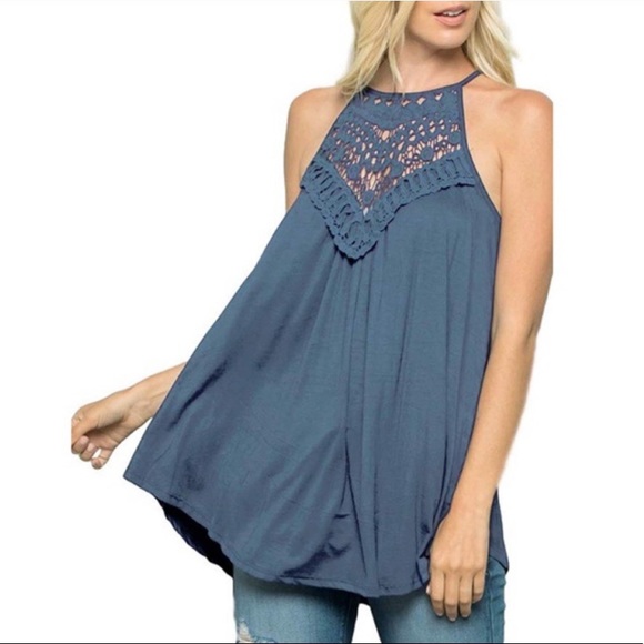 Slate Blue Crochet Lace Blouse - Picture 4 of 5